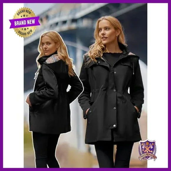 Women's Long Hooded Rain Jacket Water-Resistant Windbreaker Trench Coat - Picture 5 of 7